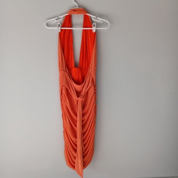 Princess Polly Bodycon Halter Dress Low Back Side Ruching Shimmer Orange Size 10 - Picture 3 of 12